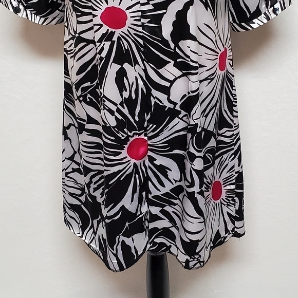 VINTAGE 90s Chico's Black Fuschia Satin Abstract Floral V-neck Shift Dress - Picture 10 of 11